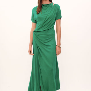 Exquisitely crafted from a luxe silk-viscose blend, the Aphrodite Draped Dress features a graceful silhouette defined by an asymmetric hem, gently tapered sleeves, and a flattering cinched waistline. Soft hues of grass and coco add an elegant touch.