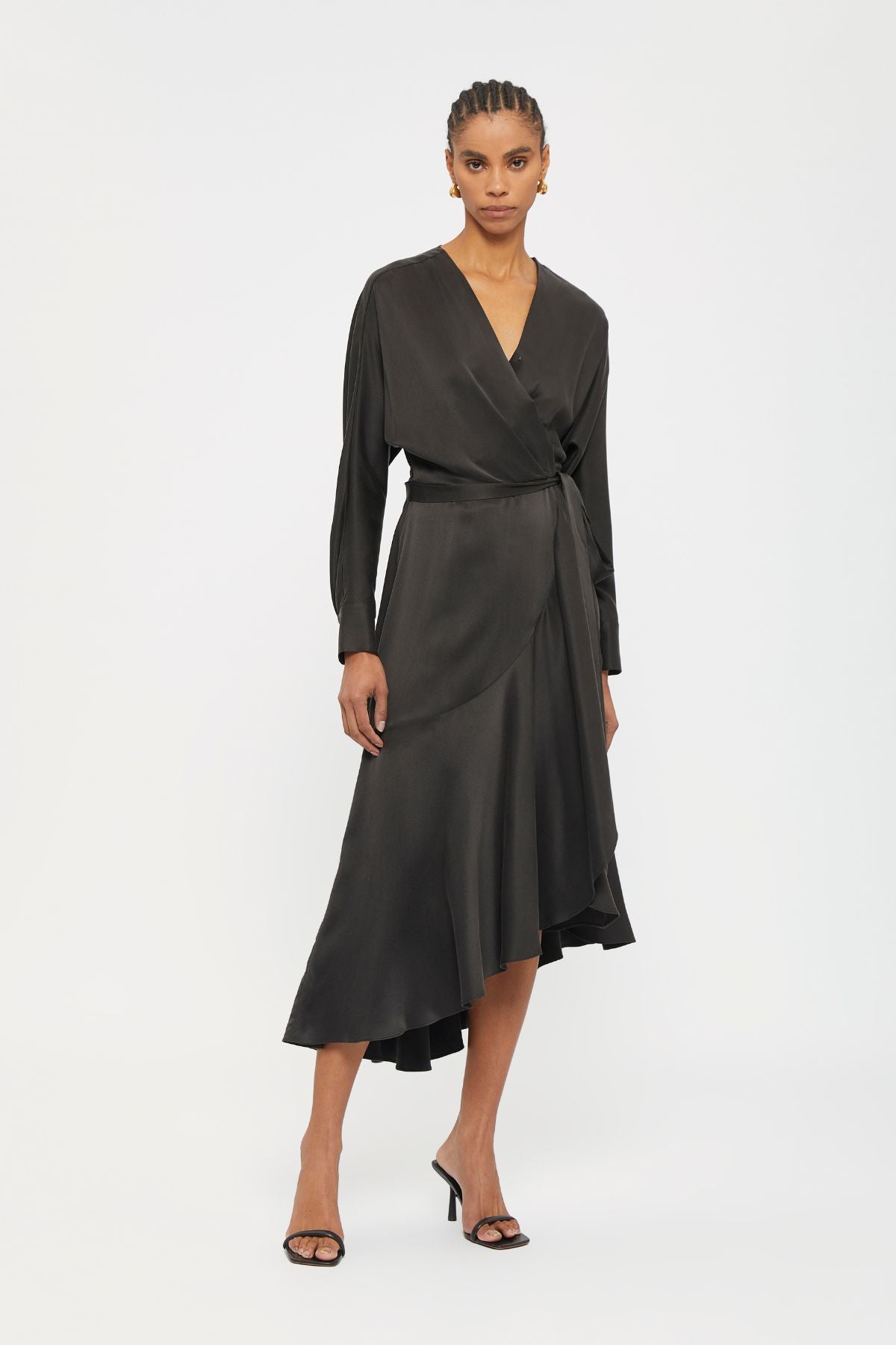 Grace Black Silk Wrap Midi Dress Ginger Smart