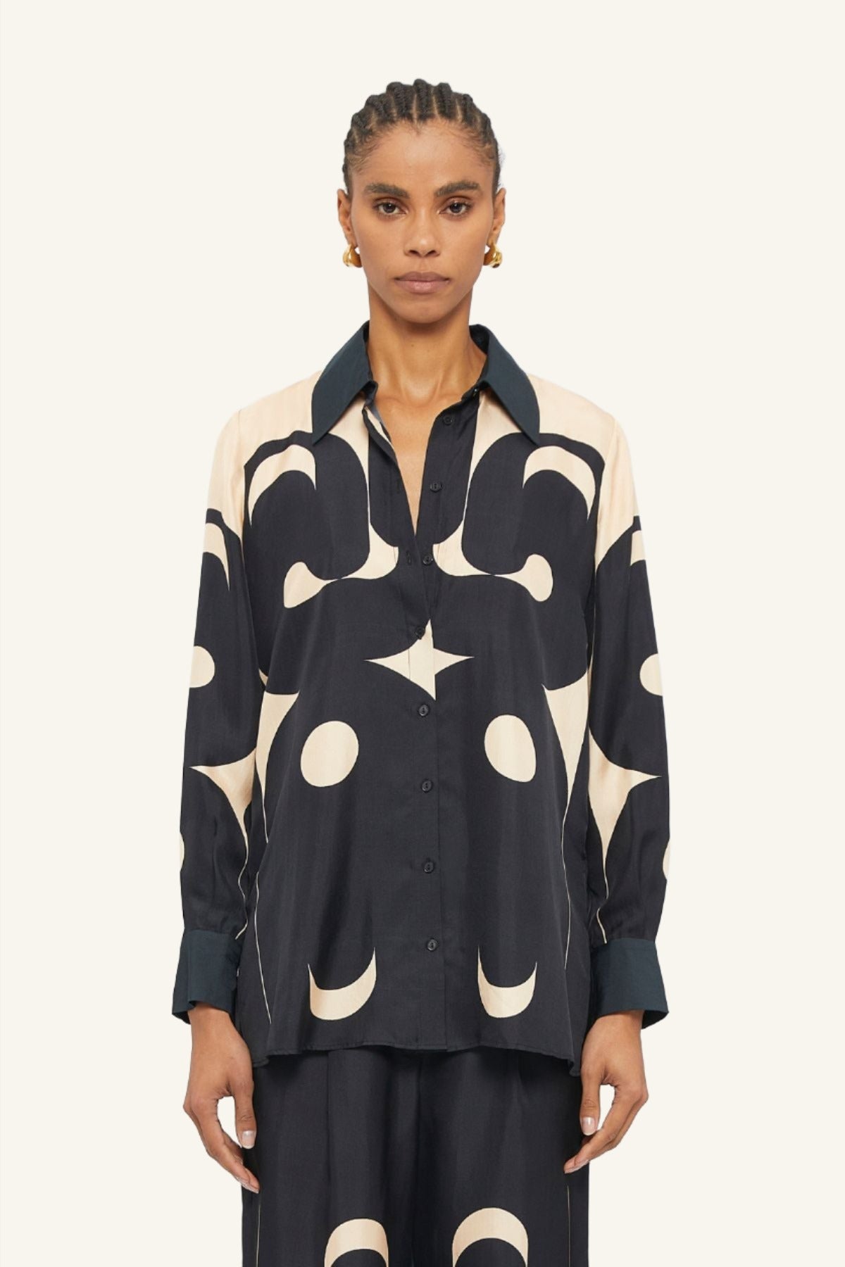 Australian women's designer Black and Cream Deco printed long sleeve Lucid blouse