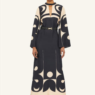 Black & Cream deco printed long silk gown crafted by Australian fashion designer GINGER & SMART