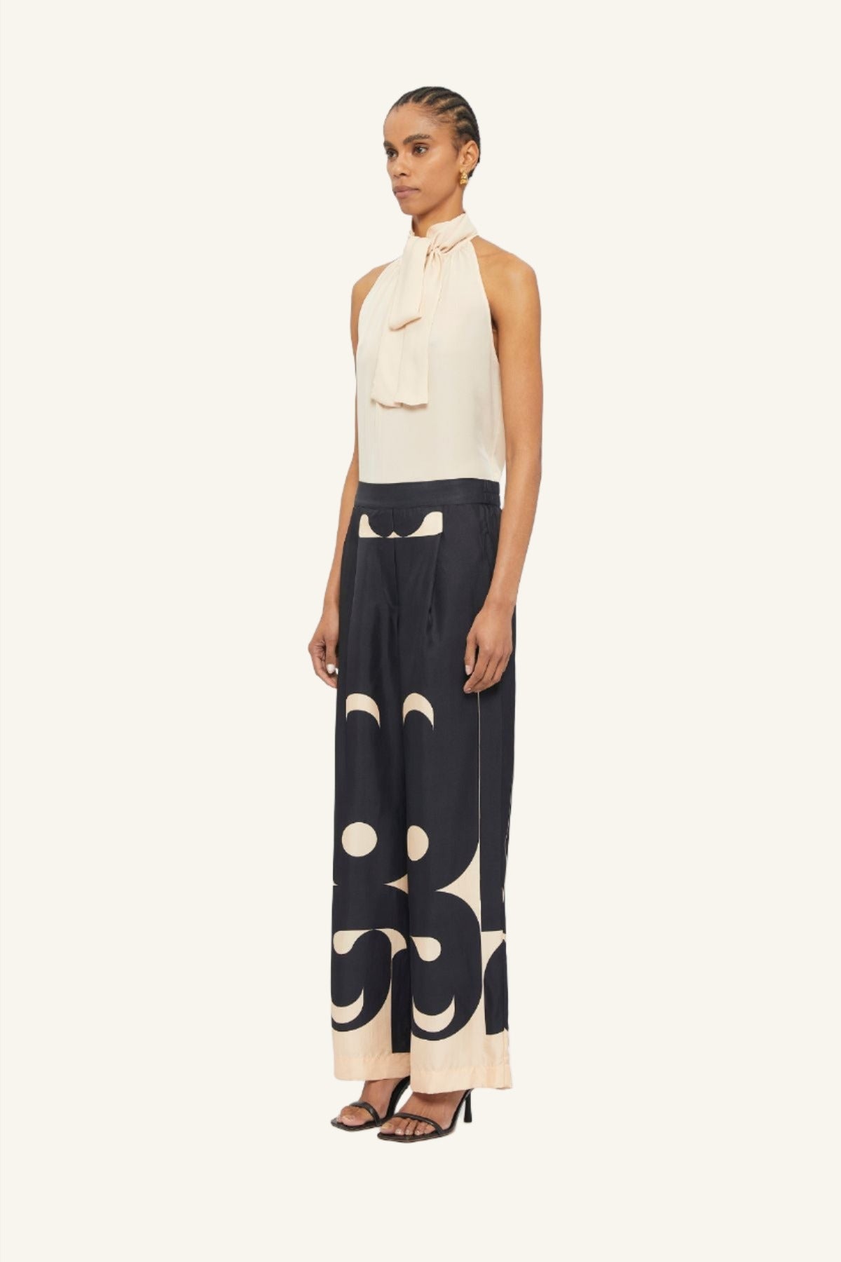 Black & Cream deco printed silk Lucid Wide Leg Pants by Australian women's fashion designer GINGER & SMART 