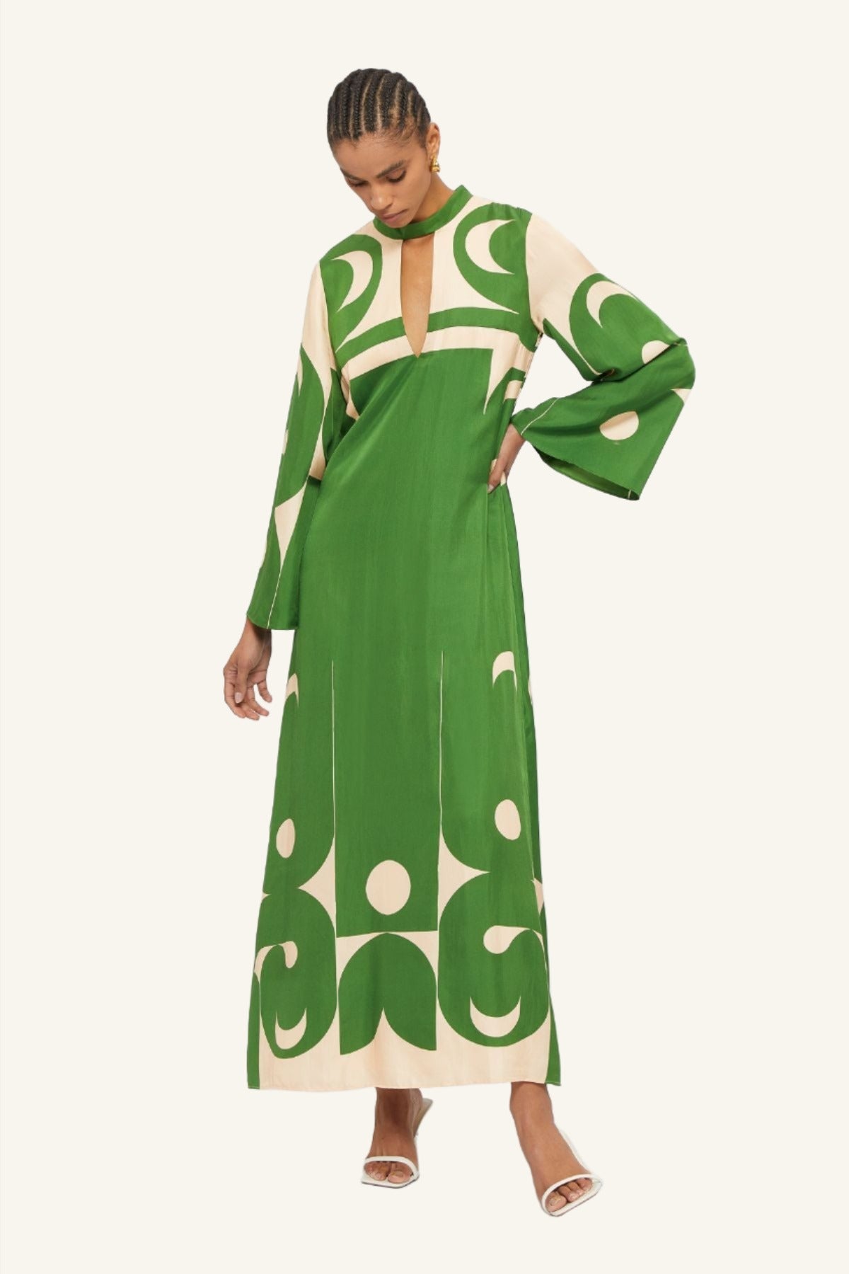 Lucid Green & Cream Deco Printed Silk Maxi Gown – Ginger & Smart