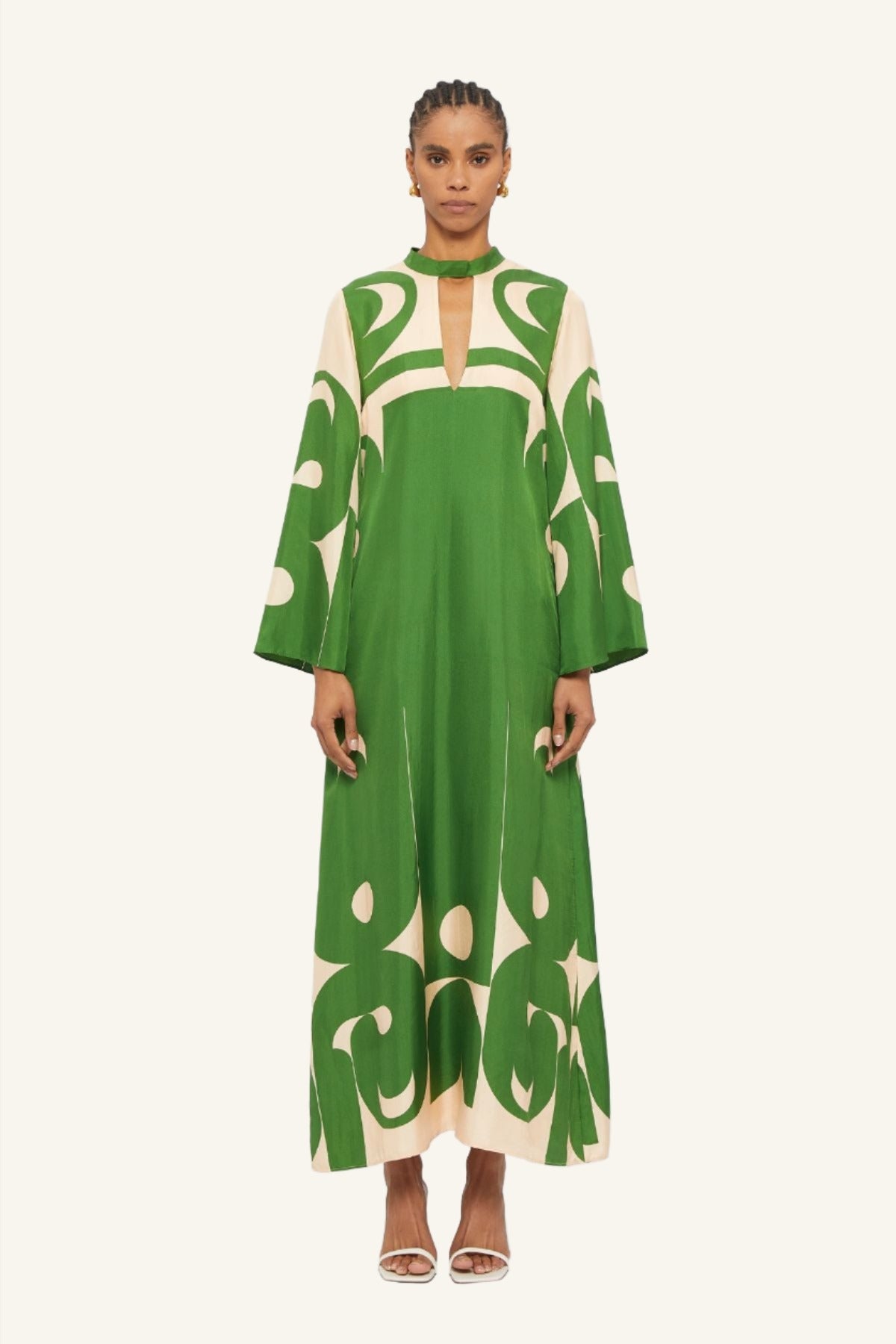 Emerald Green & Cream deco printed long silk gown crafted by Australian fashion designer GINGER & SMART