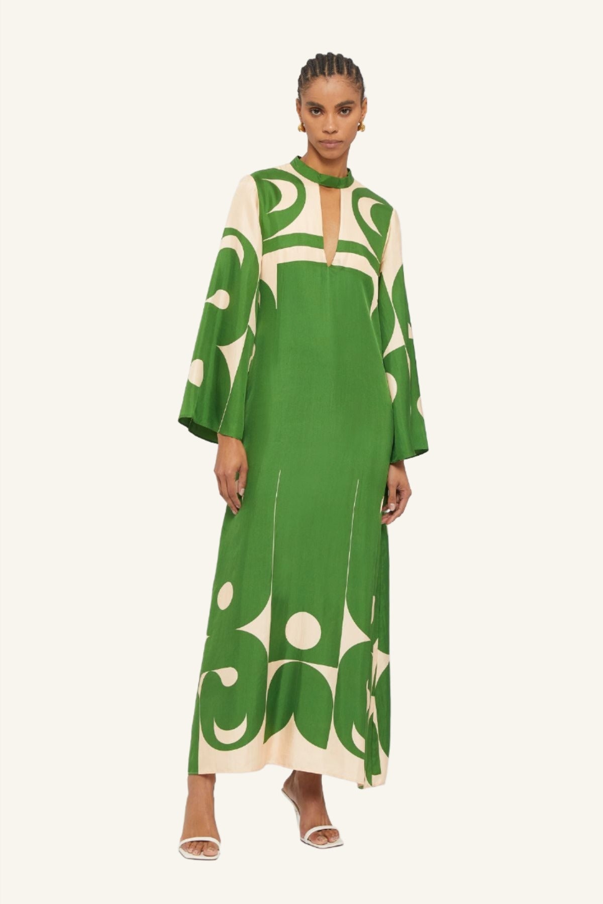 Emerald Green & Cream deco printed long silk gown crafted by Australian fashion designer GINGER & SMART