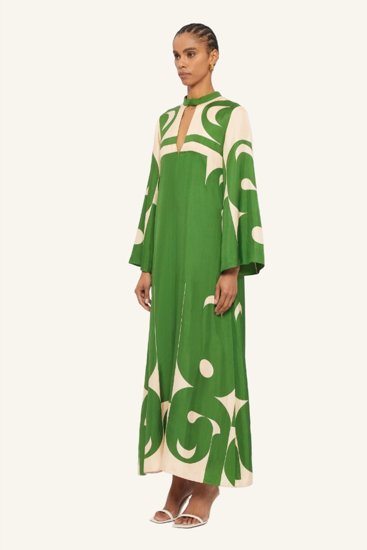Emerald Green & Cream deco printed long silk gown crafted by Australian fashion designer GINGER & SMART