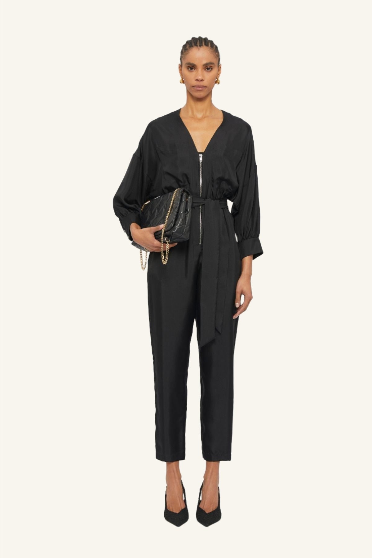 Black Silk Exposured Zipper Front Edition Jumpsuit by Australian Designer GINGER & SMART