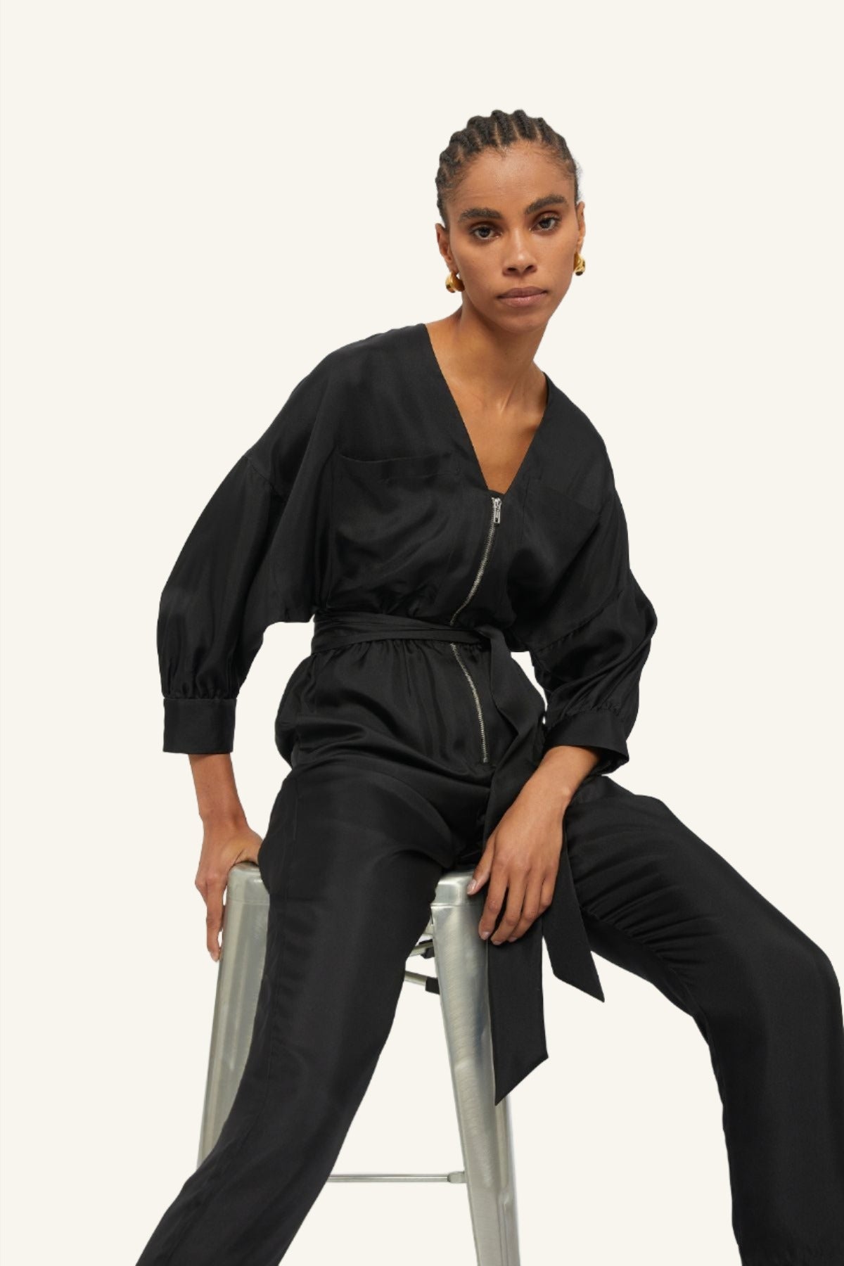 Black Silk Exposured Zipper Front Edition Jumpsuit by Australian Designer GINGER & SMART