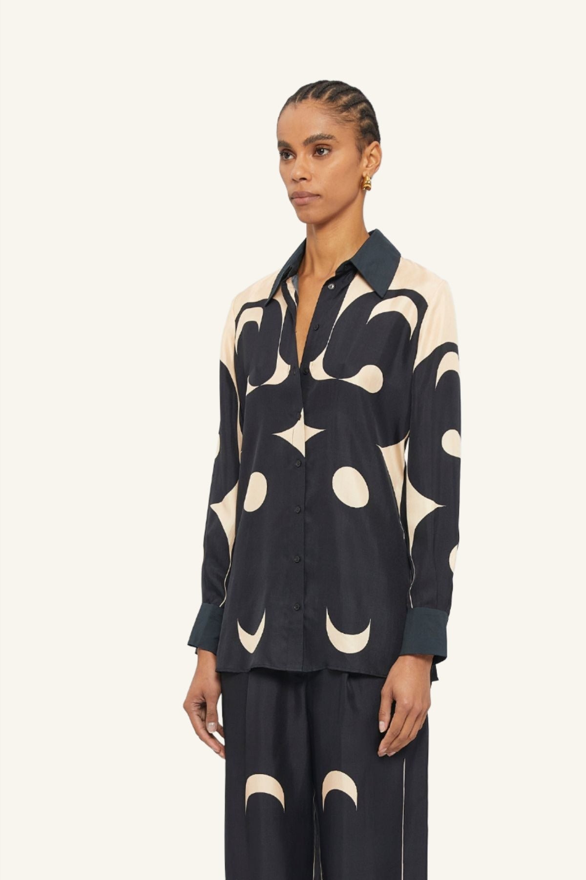 Australian women's designer Black and Cream Deco printed long sleeve Lucid blouse