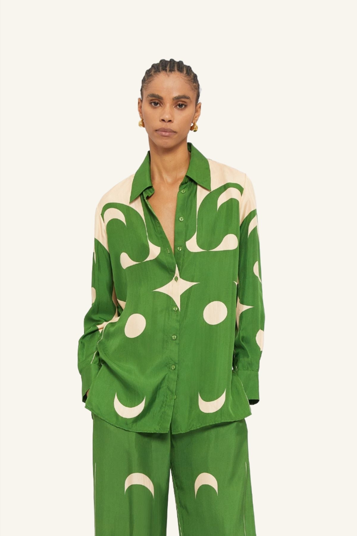 Australian women's designer green and cream deco print silk long sleeve Lucid Blouse 