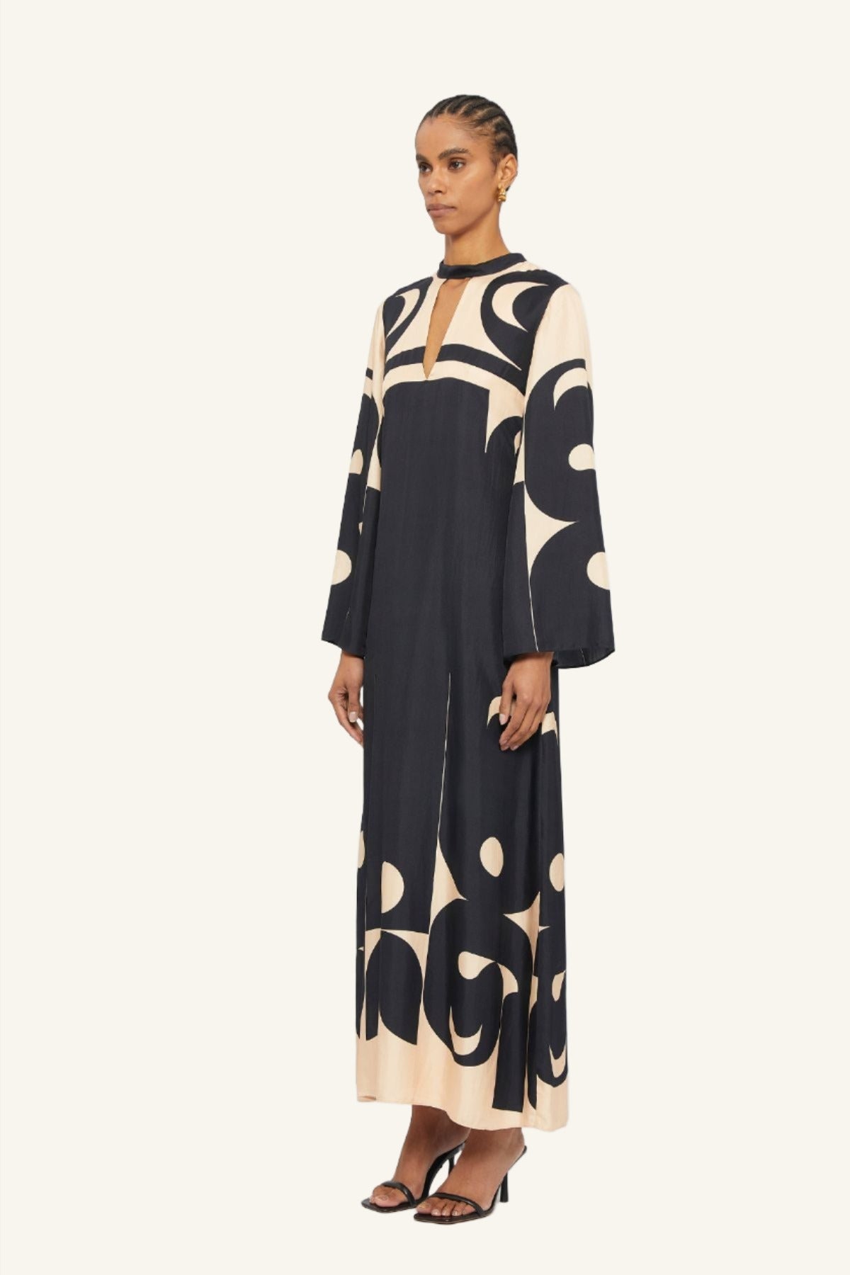 Black & Cream deco printed long silk gown crafted by Australian fashion designer GINGER & SMART