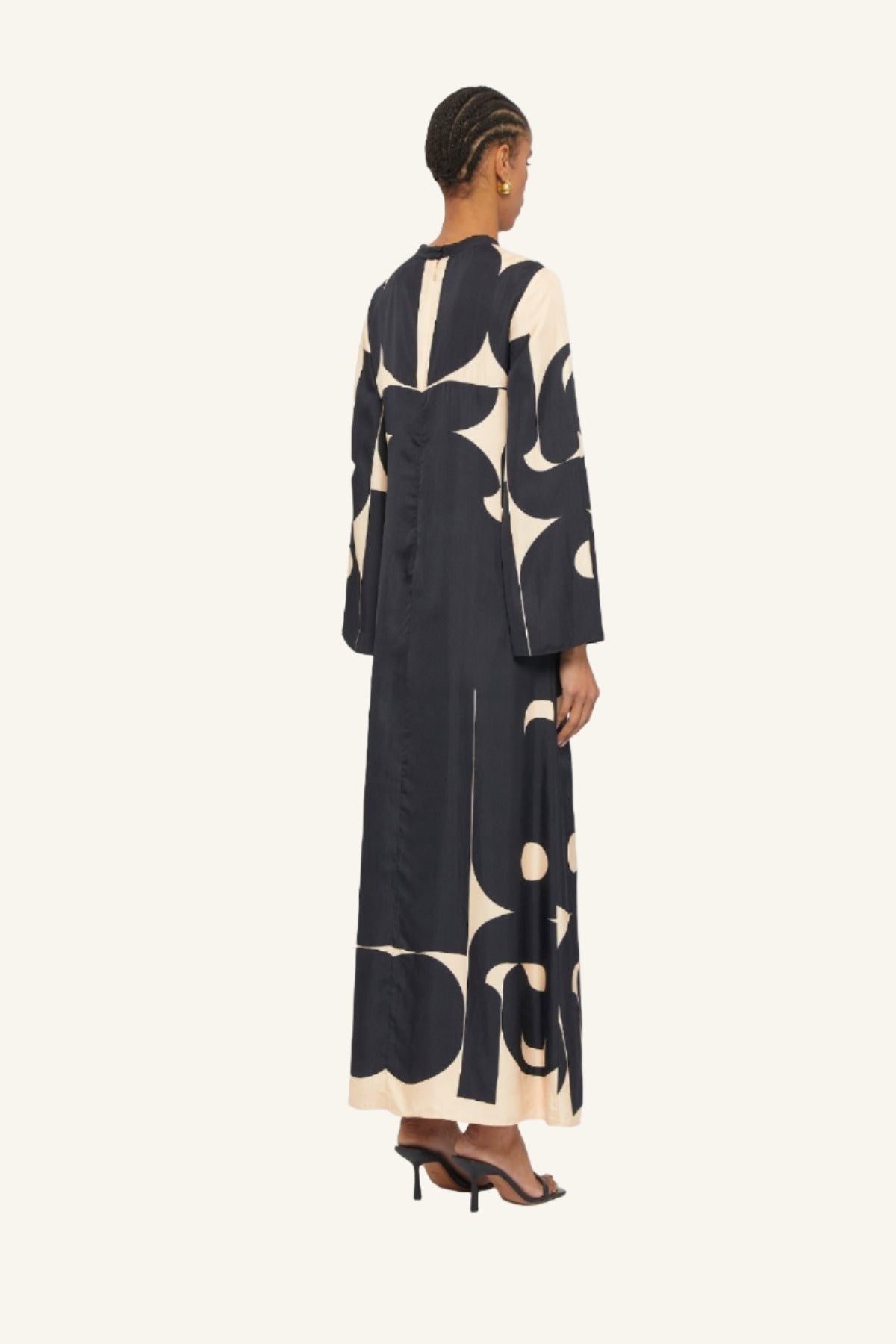Black & Cream deco printed long silk gown crafted by Australian fashion designer GINGER & SMART