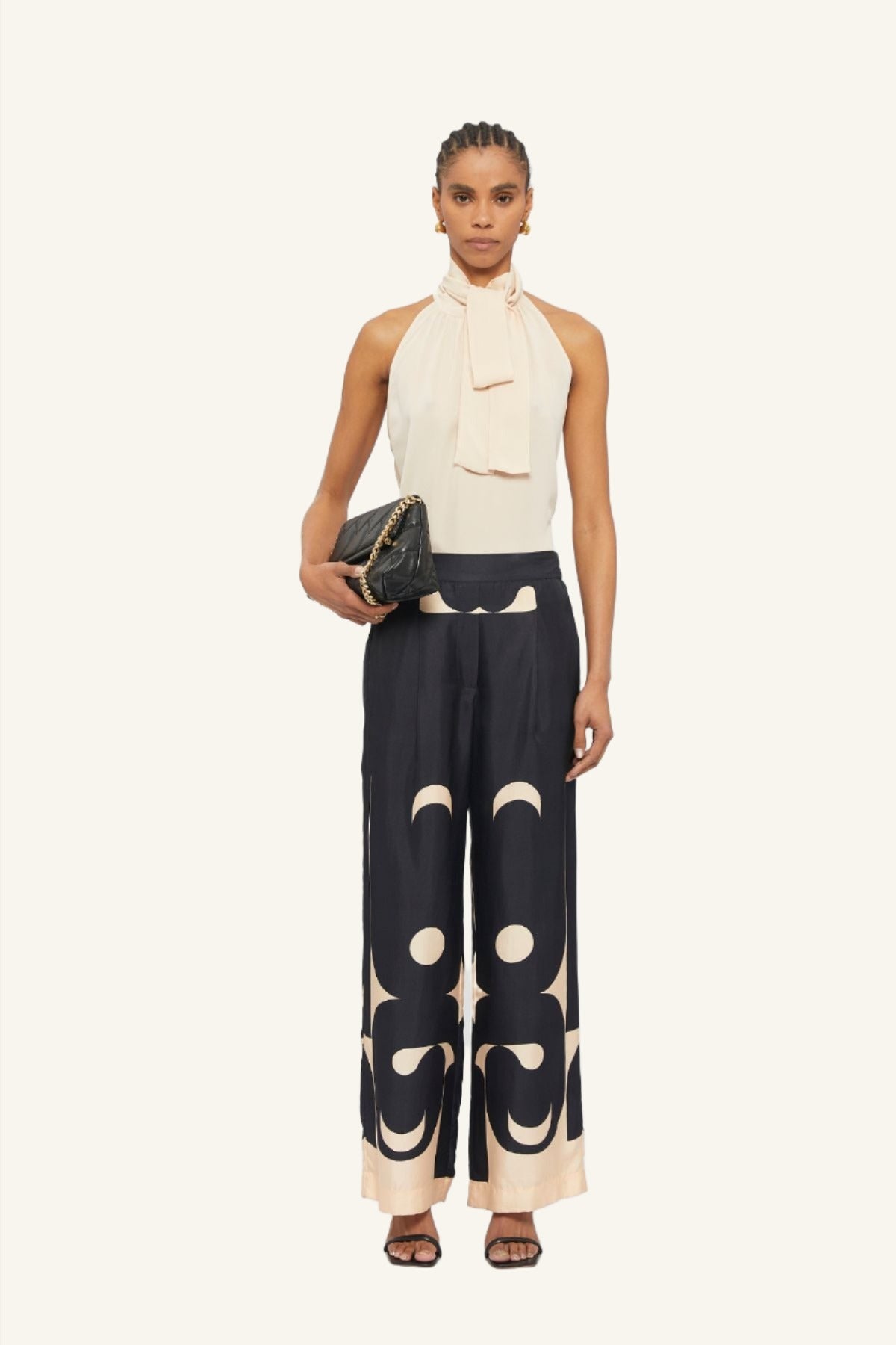 Black & Cream deco printed silk Lucid Wide Leg Pants by Australian women's fashion designer GINGER & SMART 