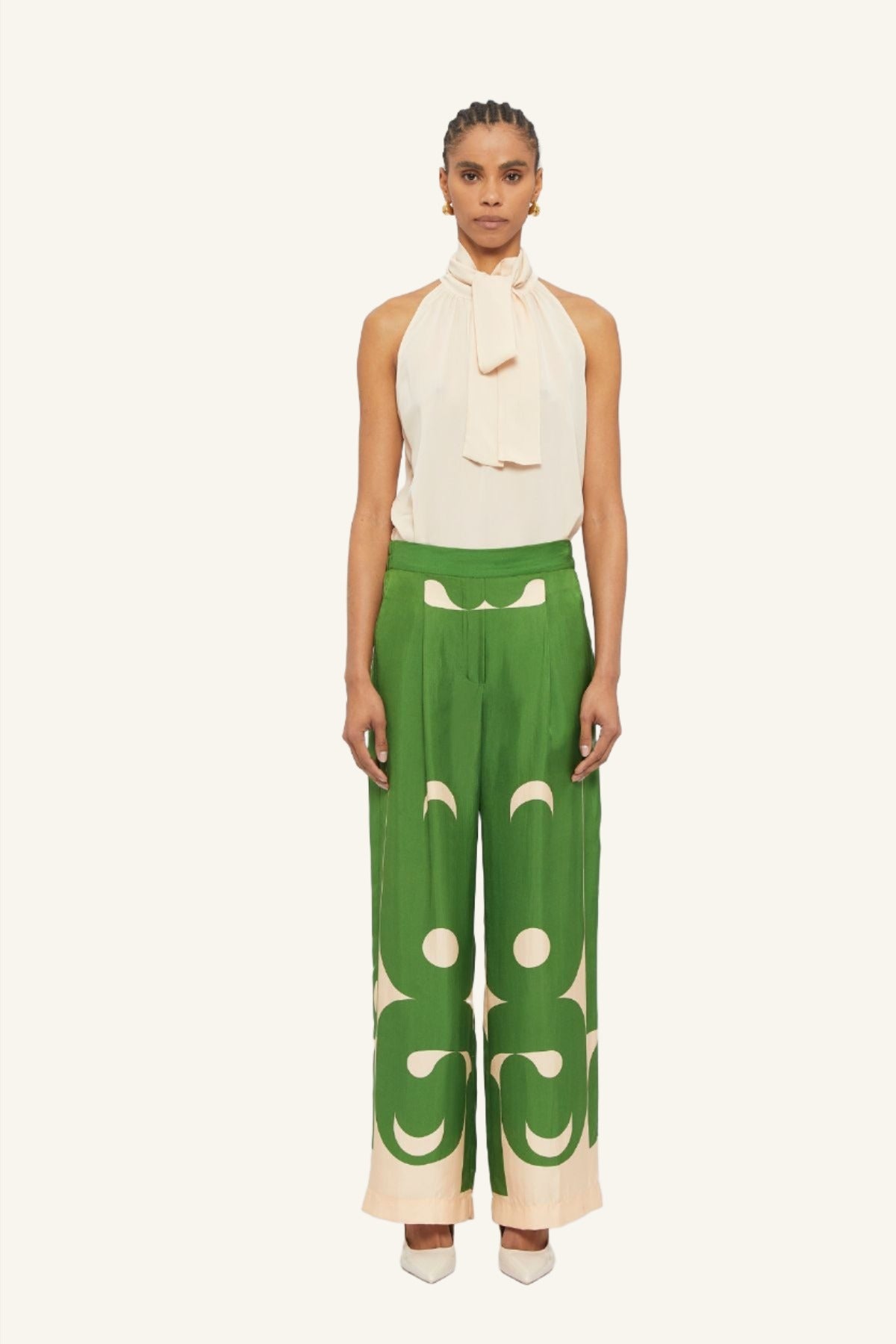 Lucid Cream & Green Deco Printed Silk Wide Leg Pant – Ginger & Smart