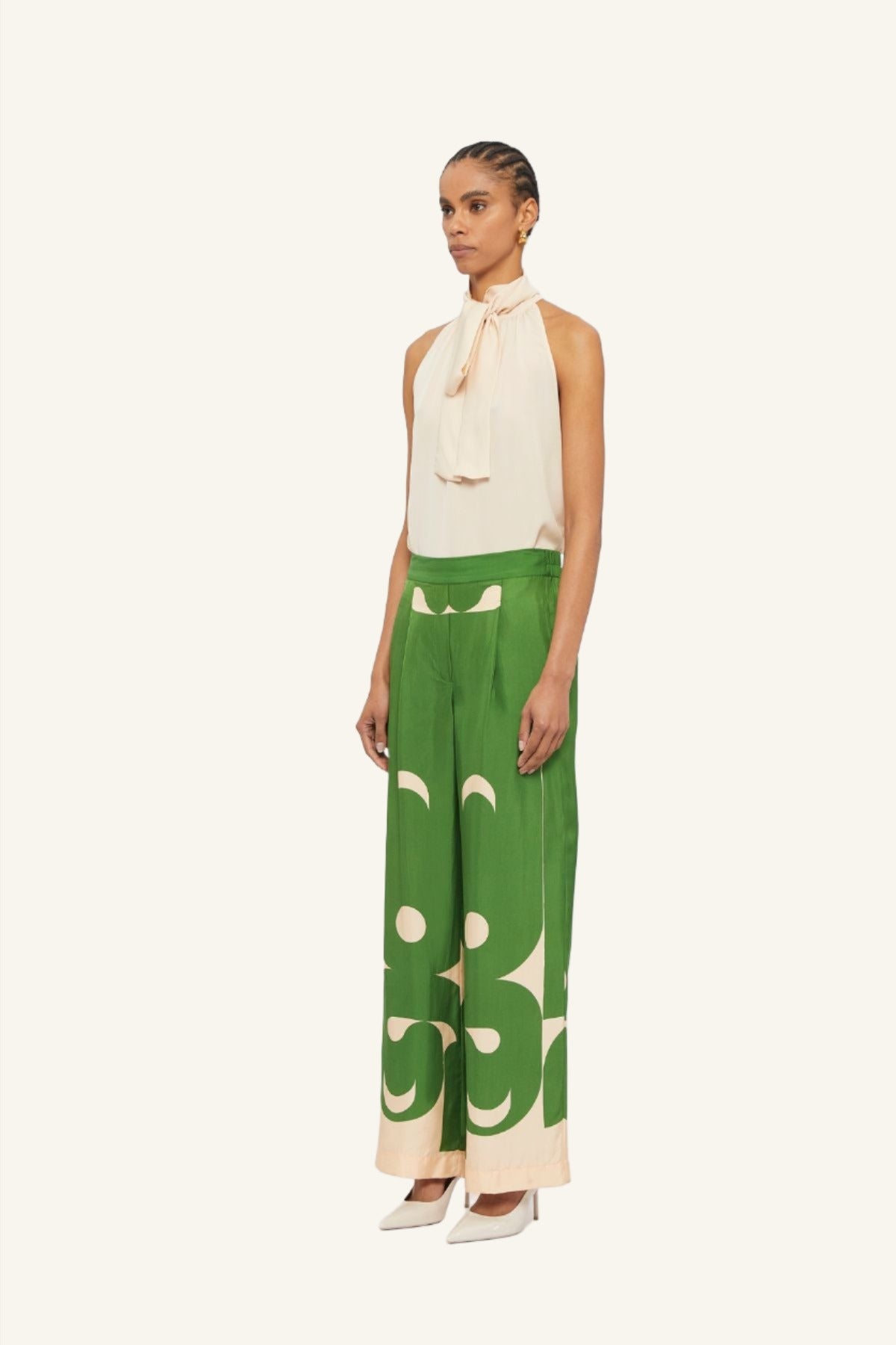 Lucid green and cream deco printed silk wide leg pants by Australian women's fashion designer GINGER & SMART