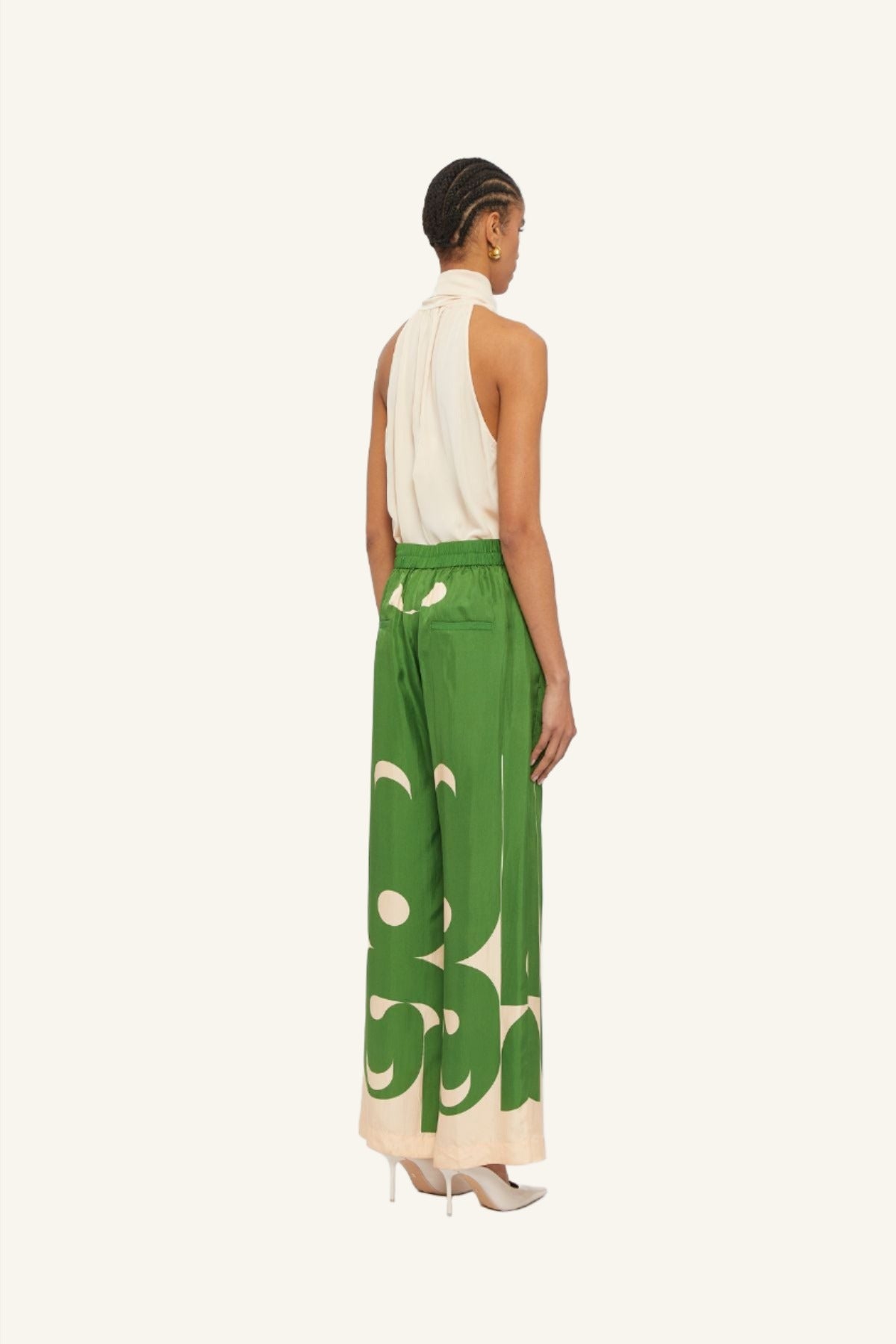 Lucid green and cream deco printed silk wide leg pants by Australian women's fashion designer GINGER & SMART
