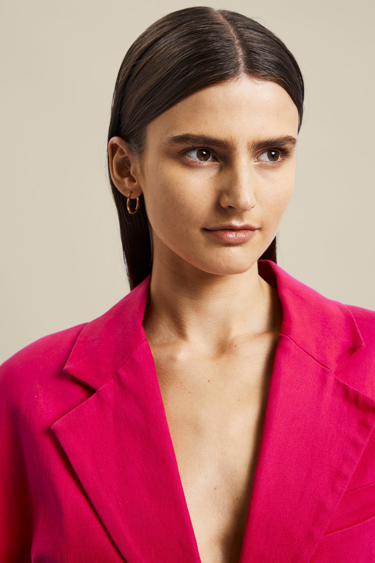 Model wearing the pink Novelist Jacket from Australian fashion designer GINGER & SMART featuring, tailored structural cut and oversized shape. 